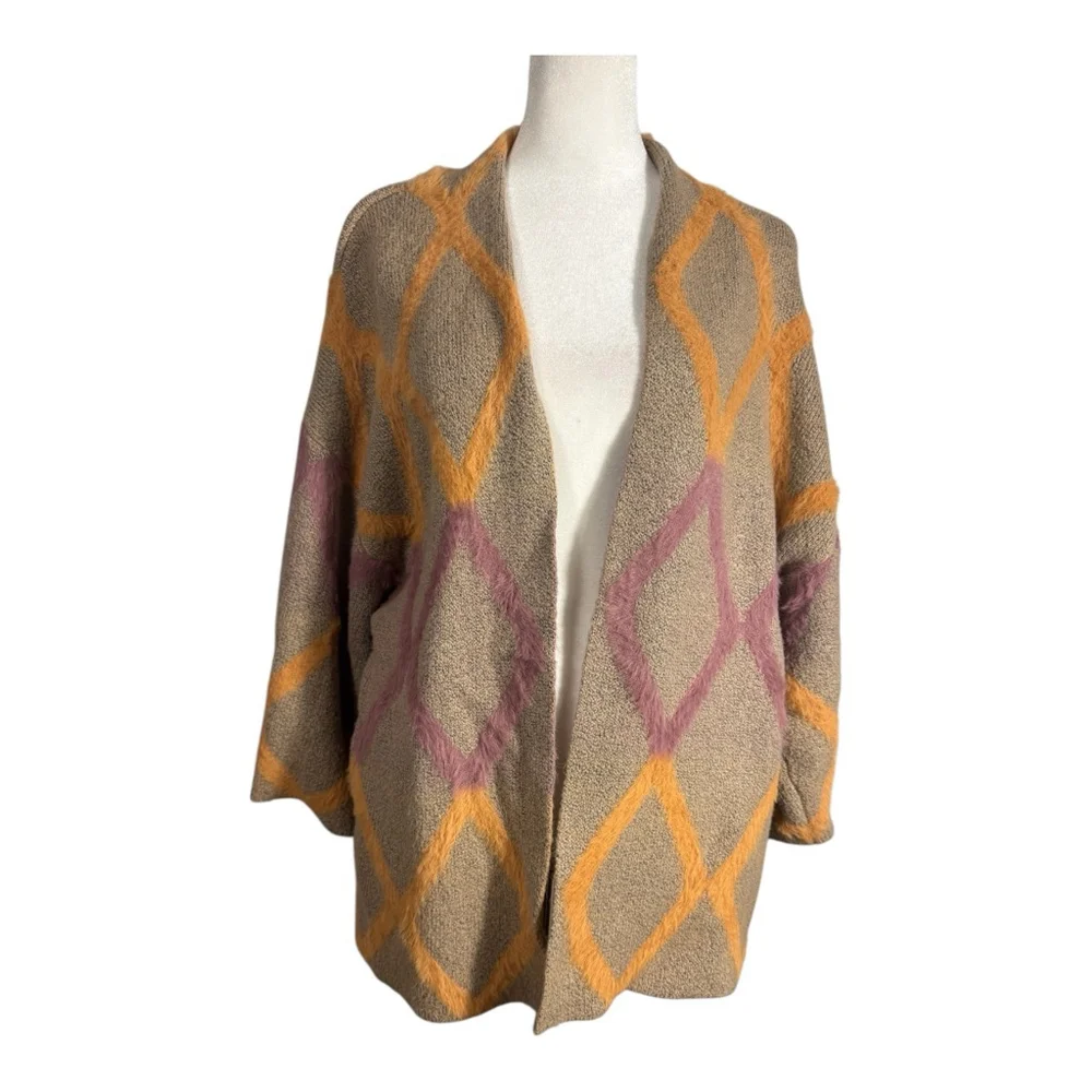 Kori America S/M Tan Brown Orange Pink Diamond Pattern Open Front Cardigan Women